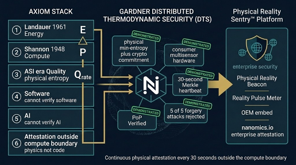 Axiom stack flowing to Gardner Distributed Thermodynamic Security and Physical Reality Sentry Platform — physical min-entropy, Merkle heartbeat, PoP Verified, enterprise attestation.