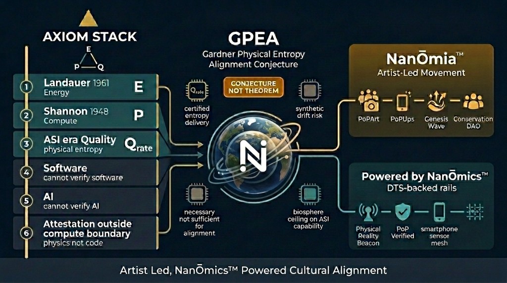 Axiom stack flowing to GPEA conjecture and NanŌmia artist-led movement powered by NanŌmics DTS-backed rails — PoPArt, PoPUps, Genesis Wave, Conservation DAO.